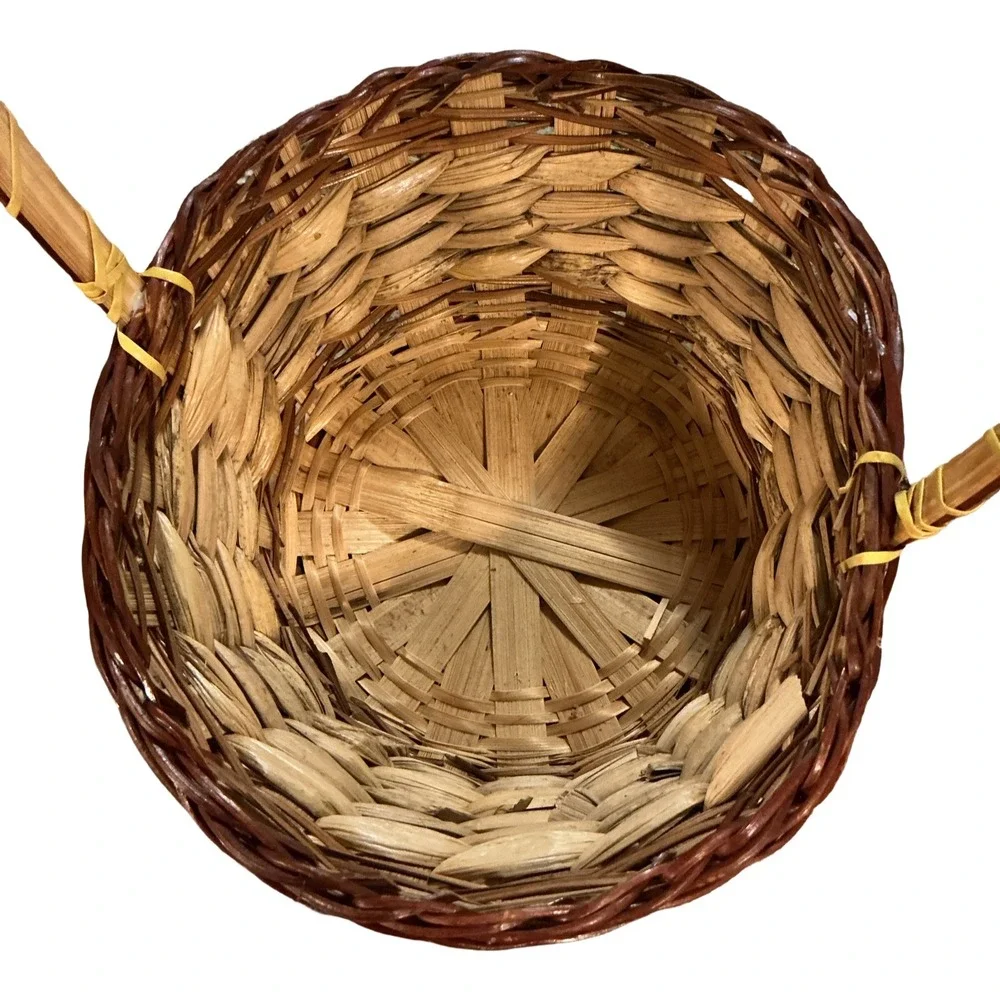 Vintage Two Tone Woven Wicker Basket with High Handle 13in x 8.5in x 7.5in